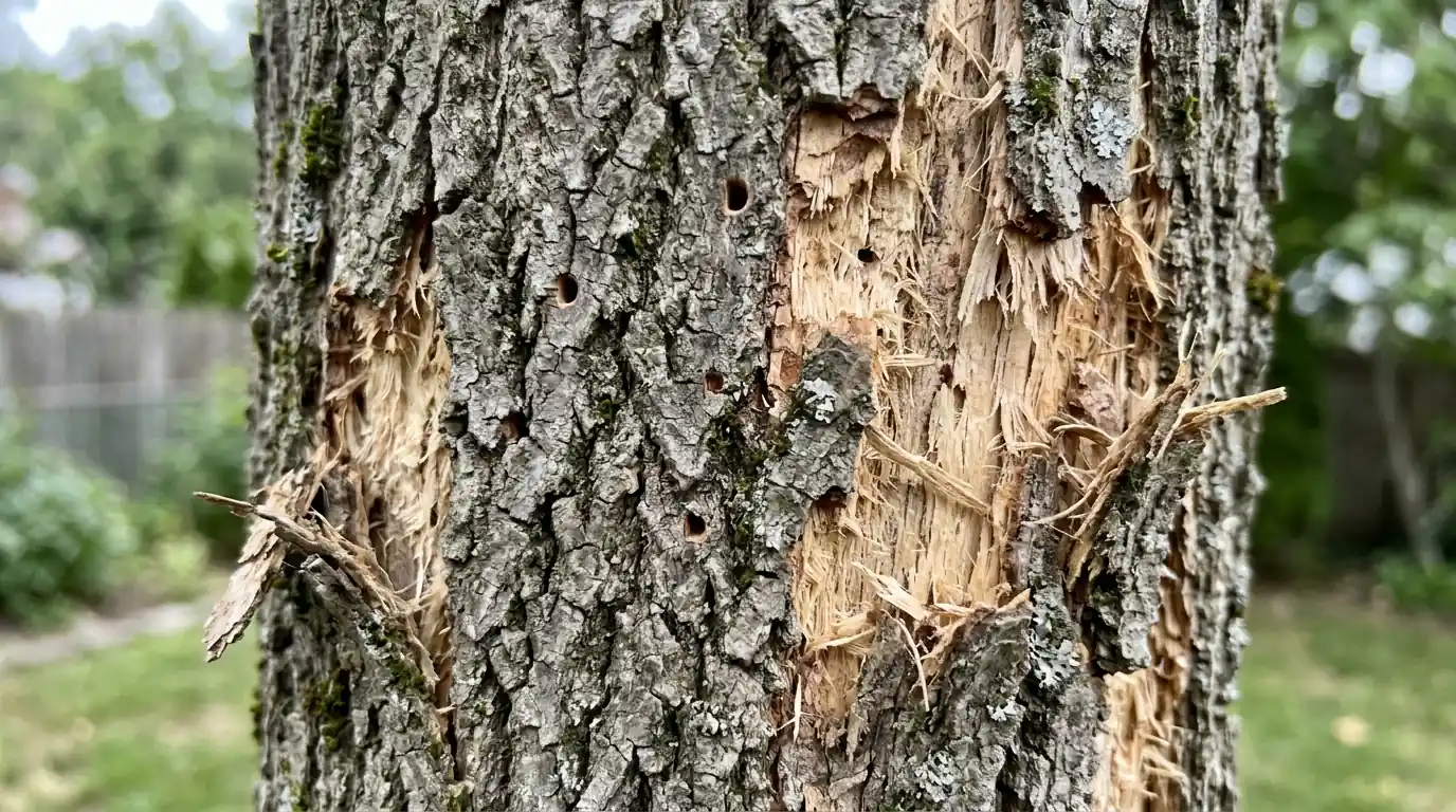 Ash bark with small D-shaped exit holes and patches of flaked bark