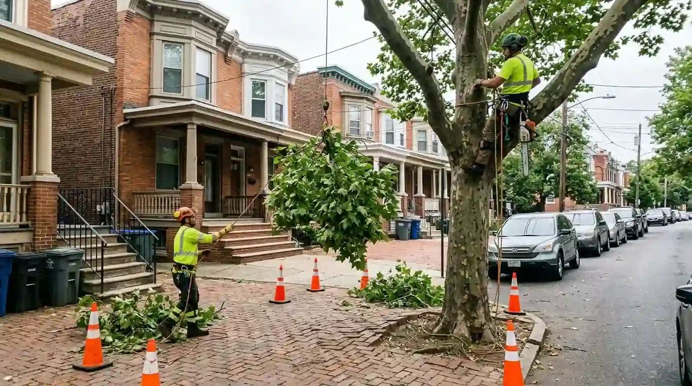 Climber lowering a cut low limb over a coned-off brick sidewalk