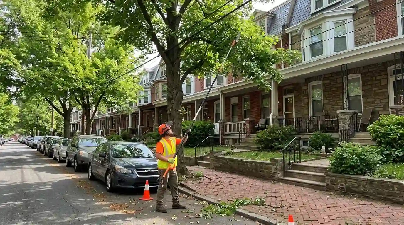 Arborist with a pole saw raising low branches over a brick sidewalk