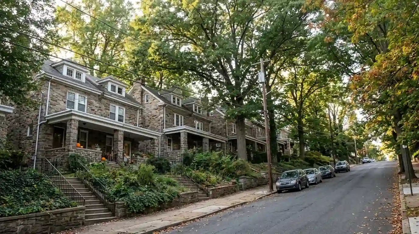 Stone twin homes under tall shade trees in Northwest Philadelphia