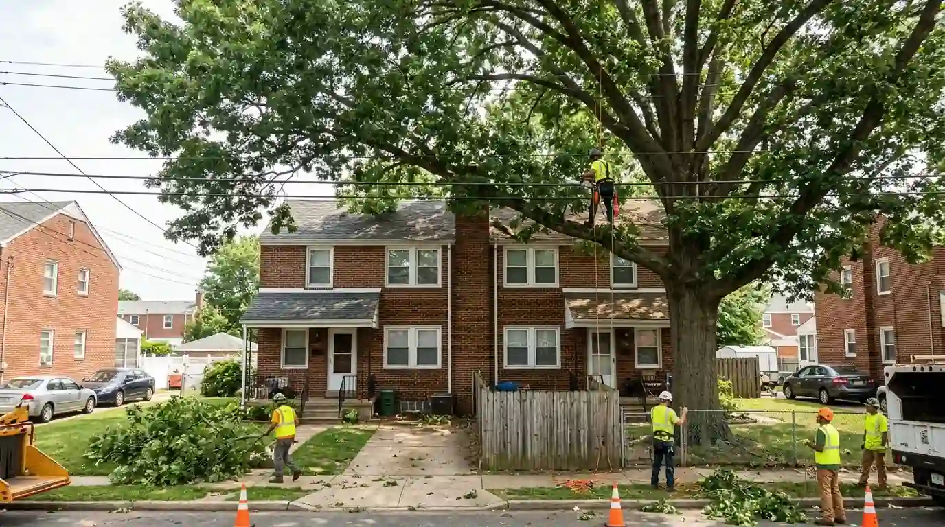 Crew pruning a shade tree spreading over both roofs of a Bustleton twin