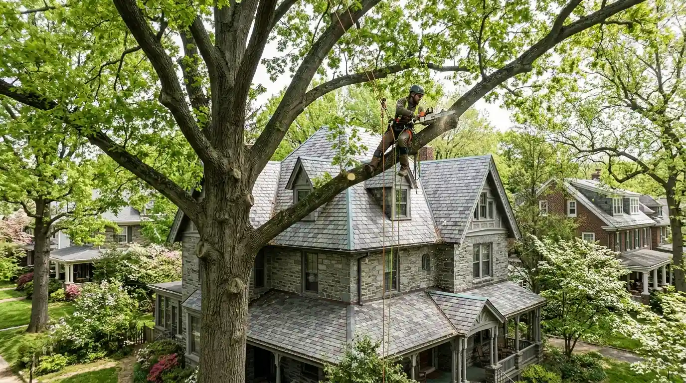 Arborist trimming a limb above a gray stone house with a slate roof