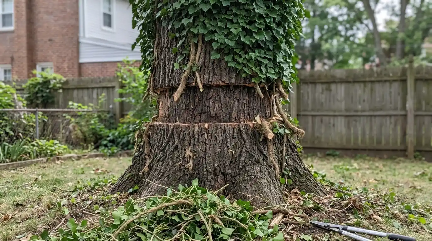 Mature oak trunk with a band of ivy cut away and bare bark showing