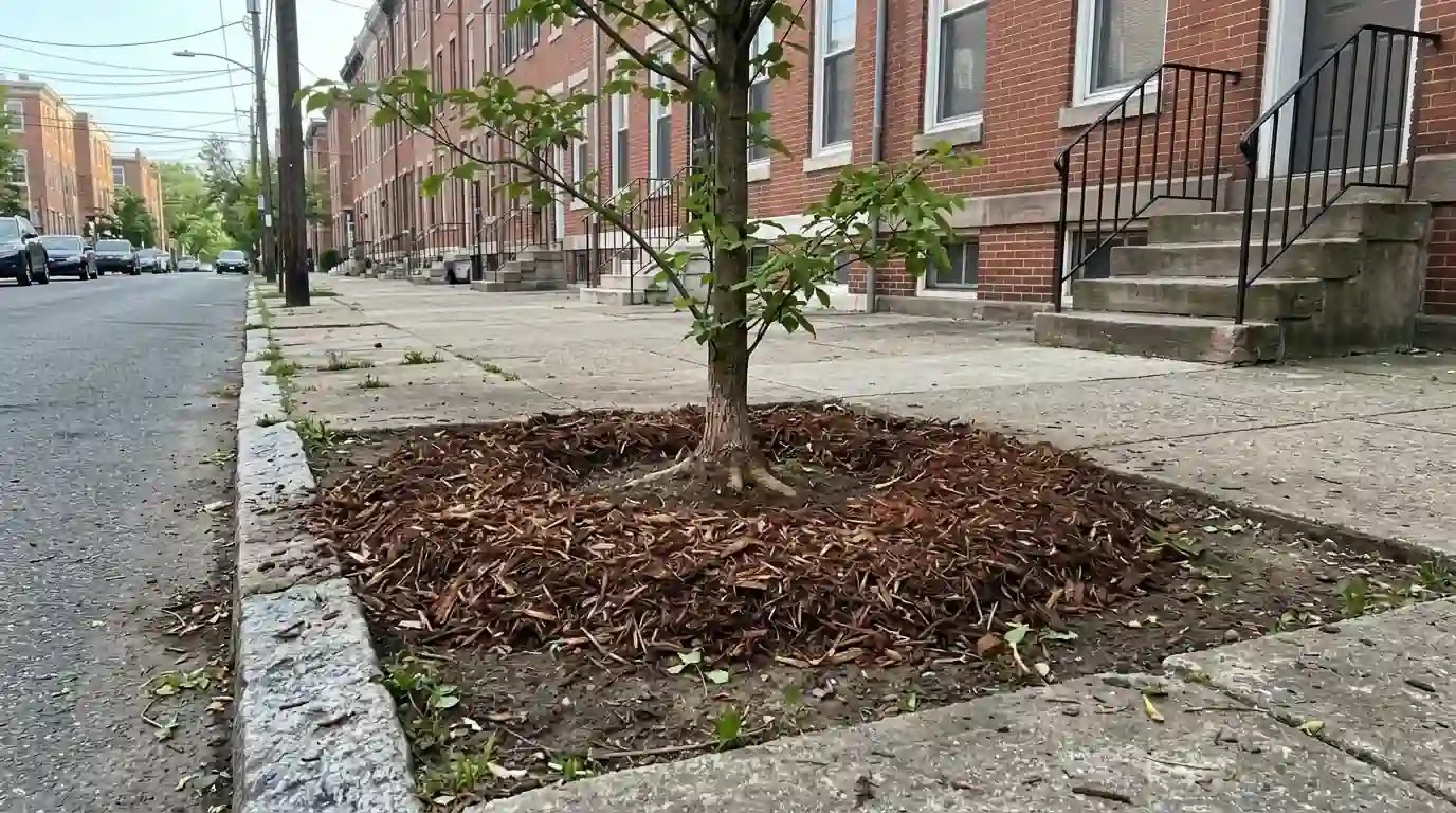 Fresh mulch ring around the flared base of a young street tree