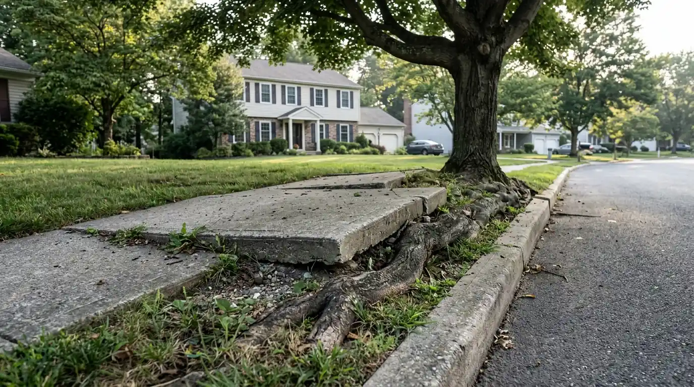 Curbside maple lifting a sidewalk slab in front of a suburban colonial