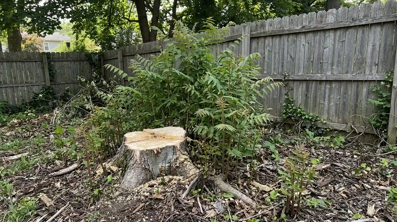 Root sprouts rising around a cut tree of heaven stump along a backyard fence