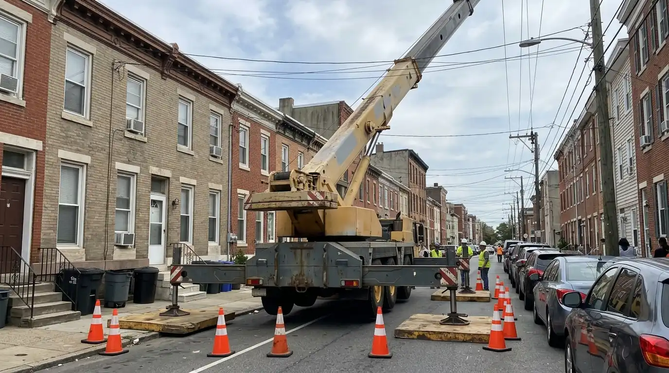 Mobile crane with outriggers on a narrow rowhome street, boom over the rooftops