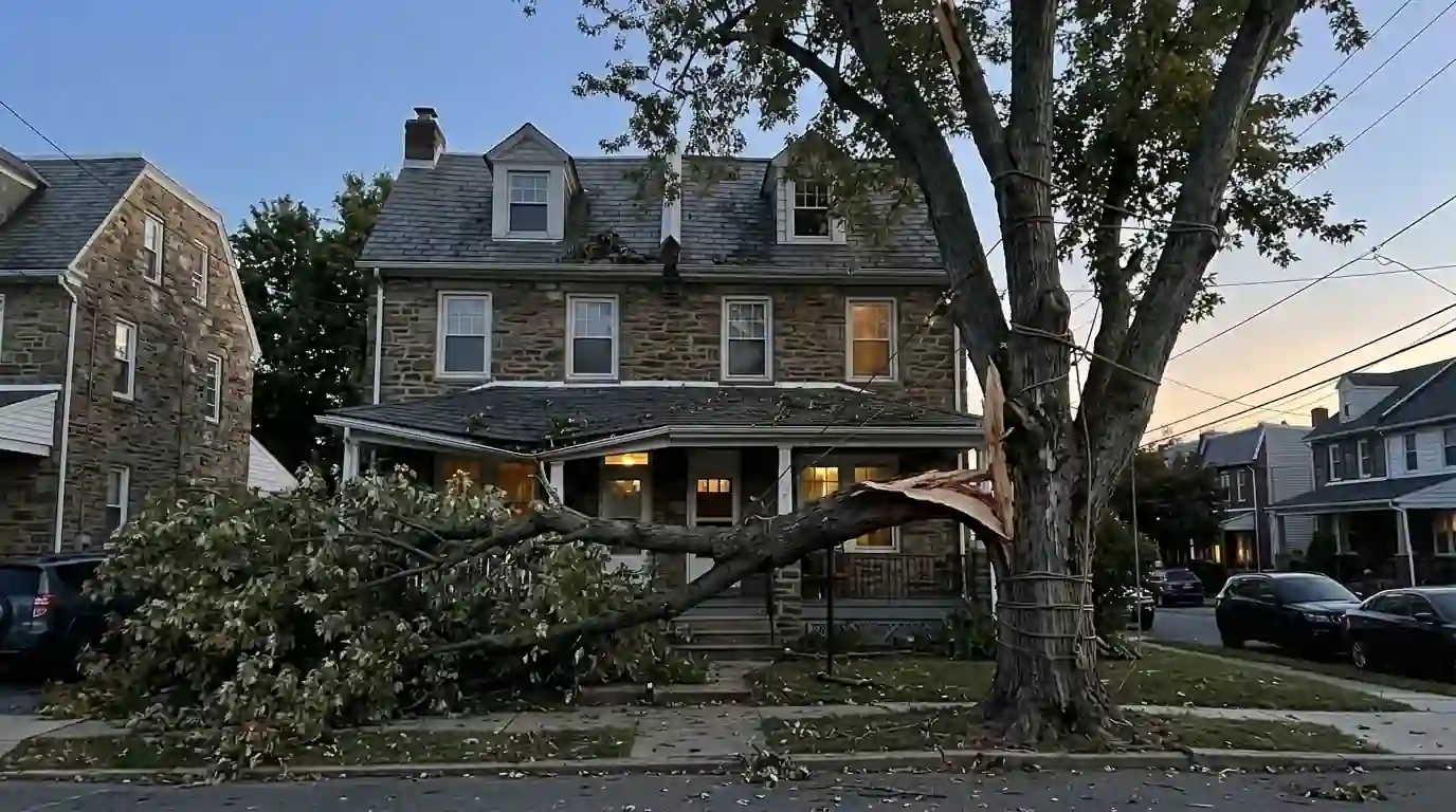 Split silver maple resting on the porch roof of a stone twin house, ropes on the standing half