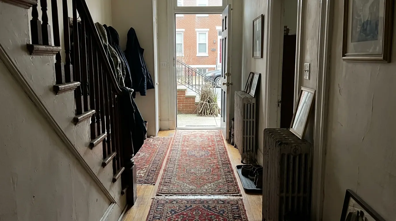 Floor runners down a rowhome hallway with cut branches bundled outside the front door