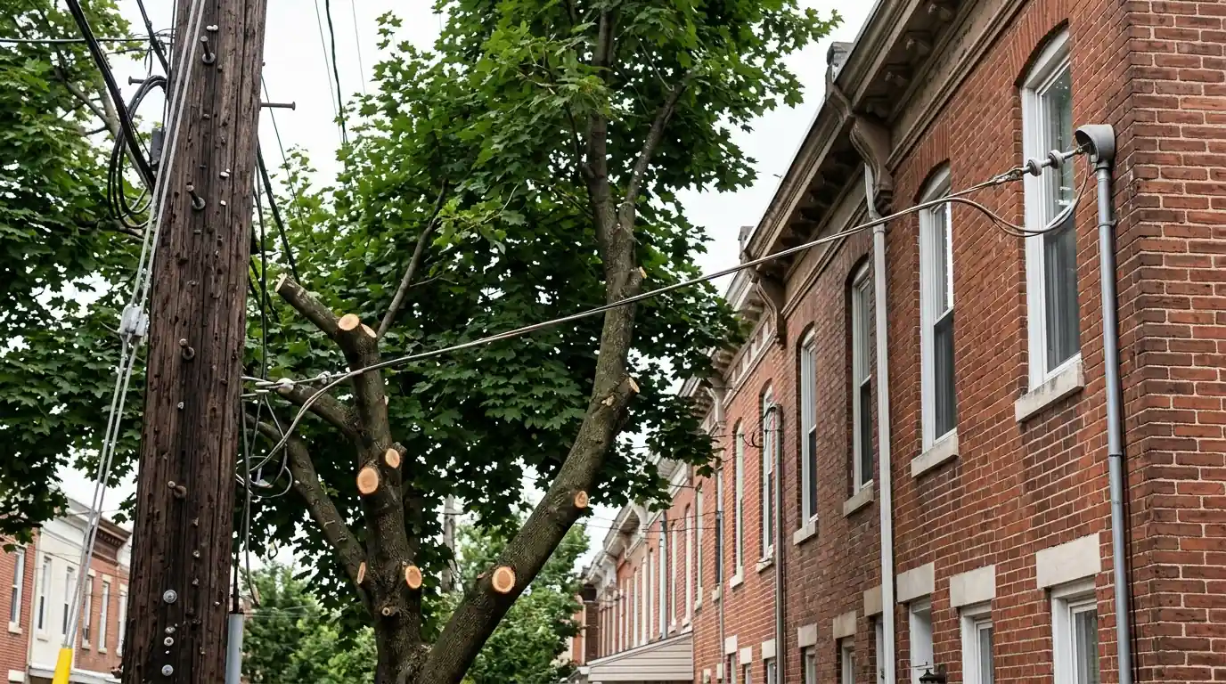 Service wire running to a brick rowhome with maple limbs cut back around it