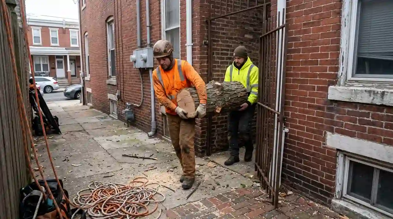 Two workers carrying a log section through a narrow side gate beside a brick rowhome