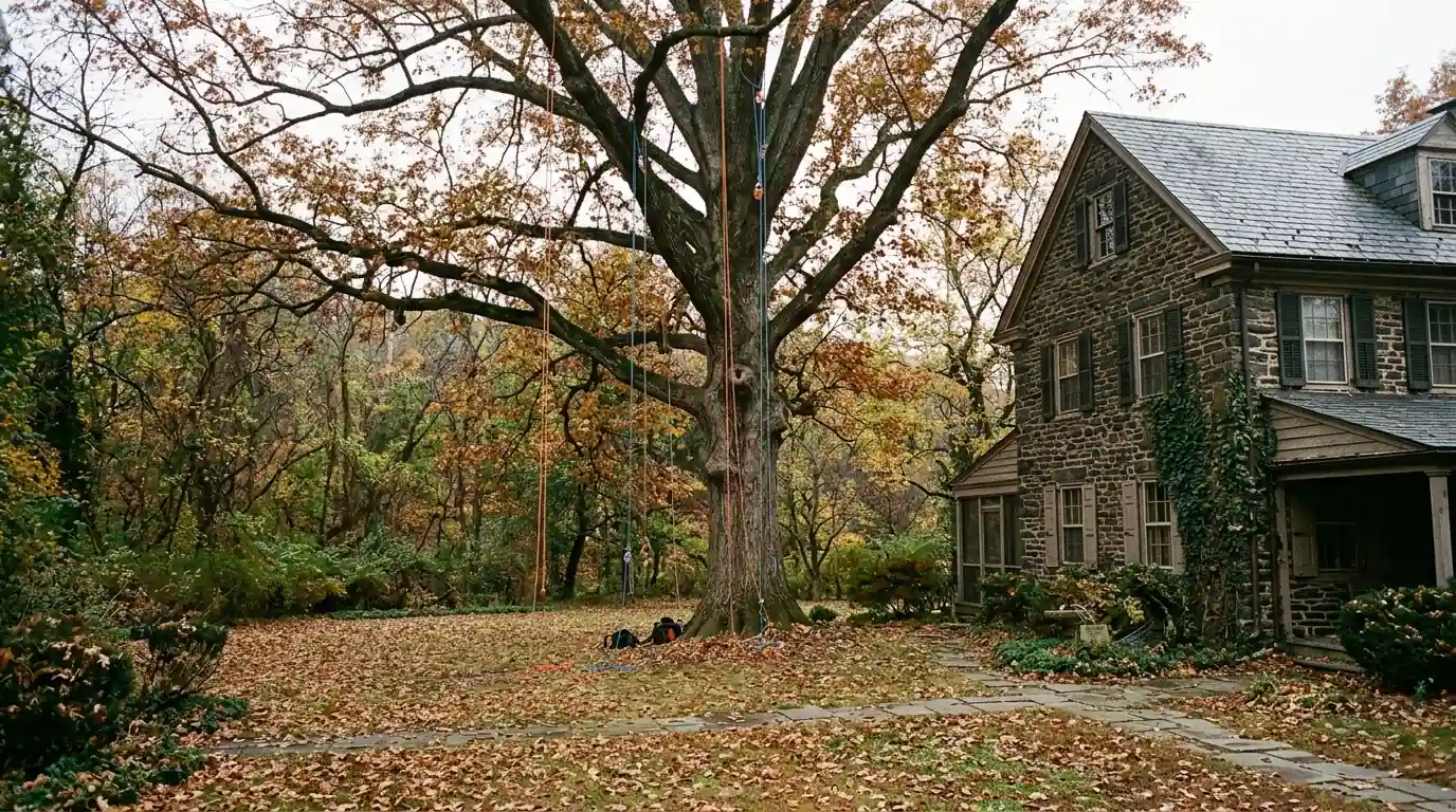 Rope rigging in a tall tree beside a historic stone house near a wooded park edge