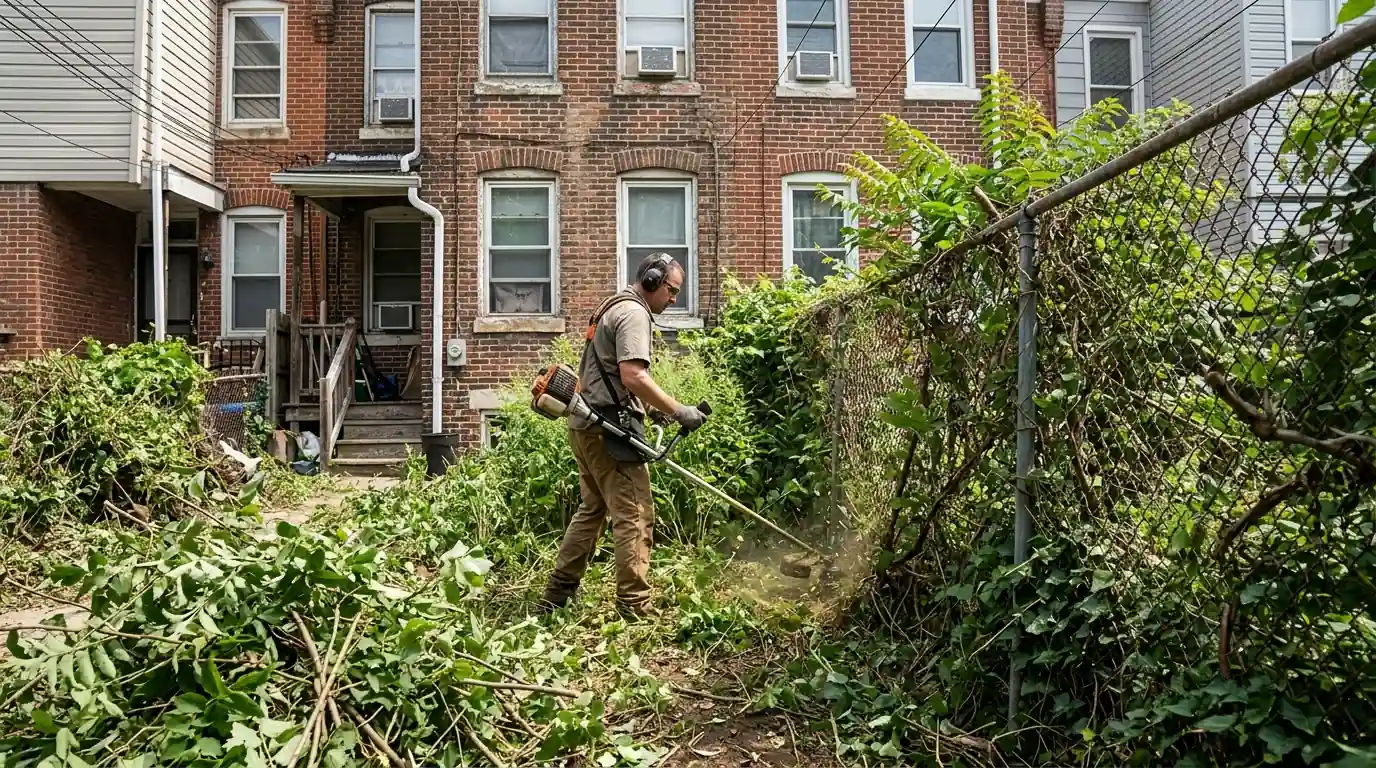 Brush cutter clearing weeds and sumac saplings along a chain-link fence