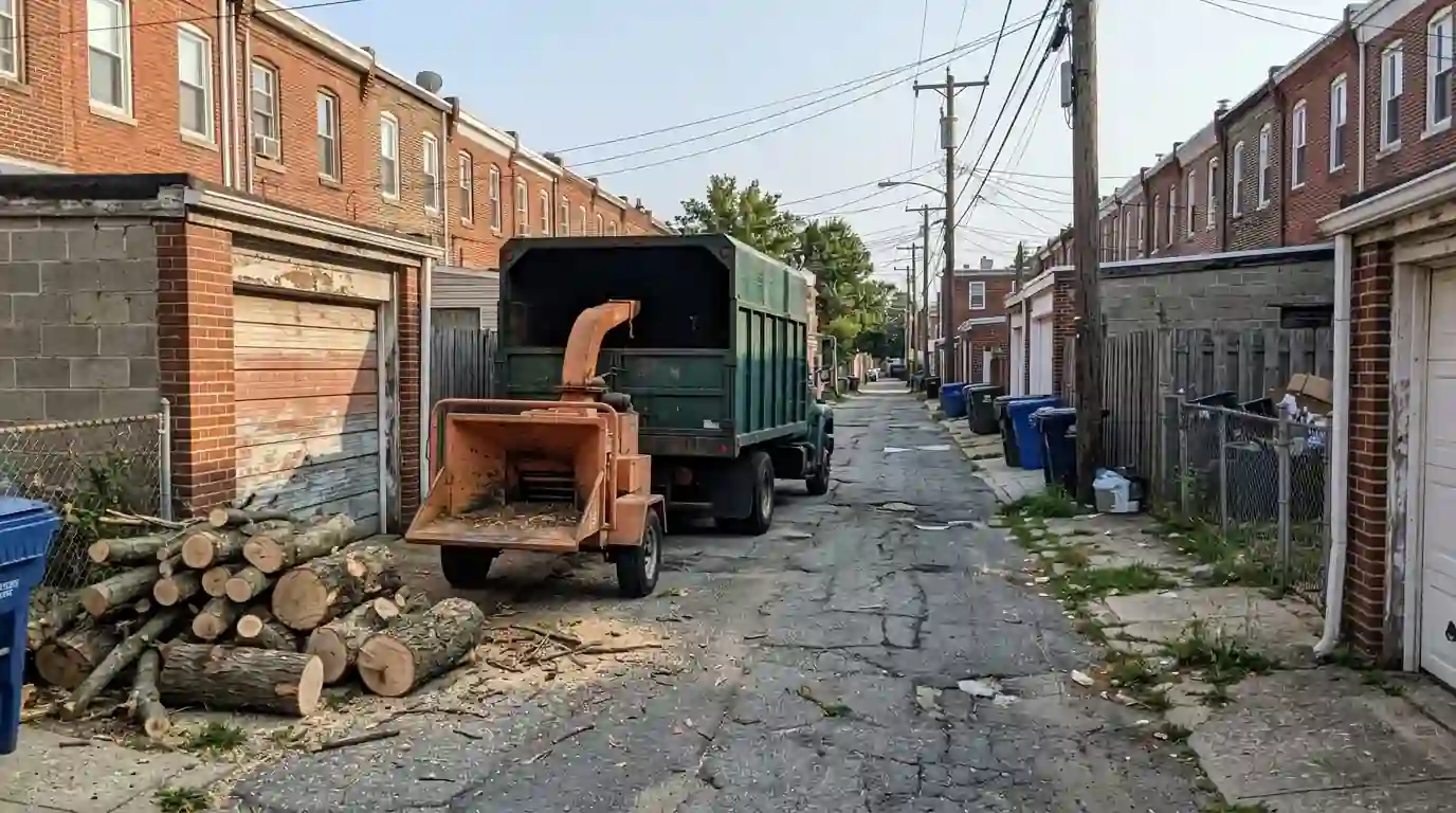 Wood chipper and truck in a rear alley behind brick row homes with garages