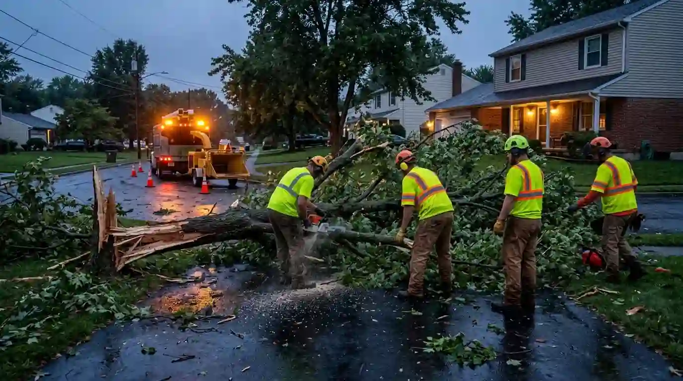Large fallen tree lying across the roof of a suburban garage