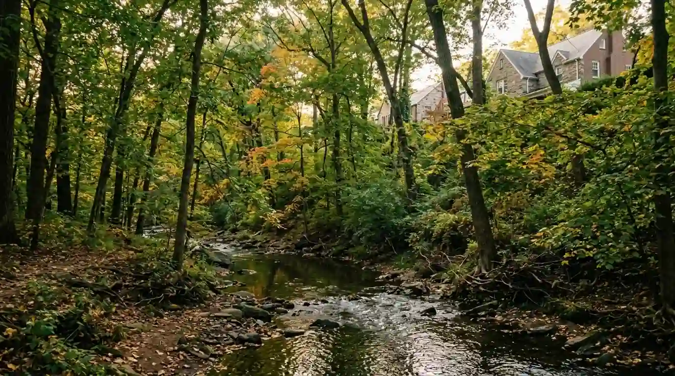 Tall hardwoods along a narrow creek valley with homes at the top of the bank