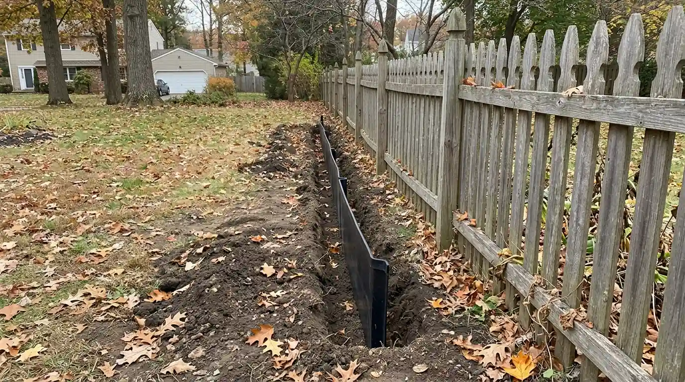Black bamboo root barrier sunk along a fence with its top edge showing