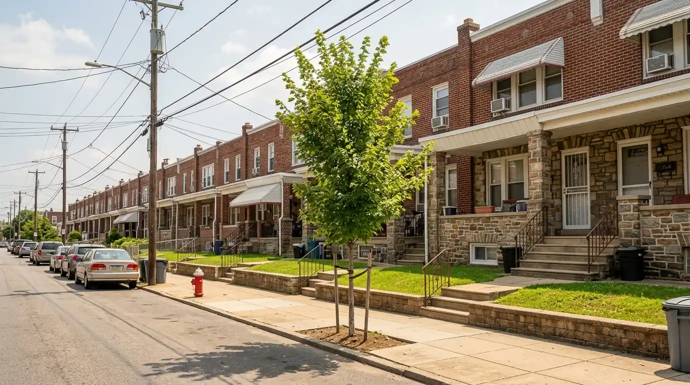 Mayfair rowhomes with small front lawns and a single young street tree