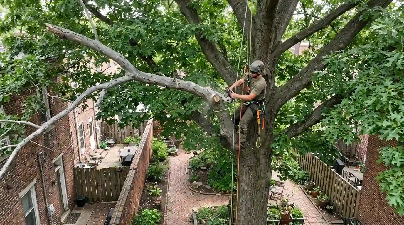 Arborist cutting a bare dead limb out of a mature oak above a brick walkway