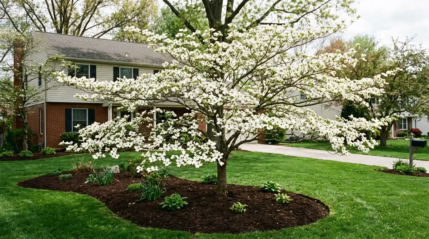 Flowering dogwood with tiered branches in bloom after light pruning