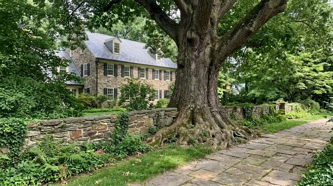 Old shade tree straddling the grass strip beside a stone driveway wall