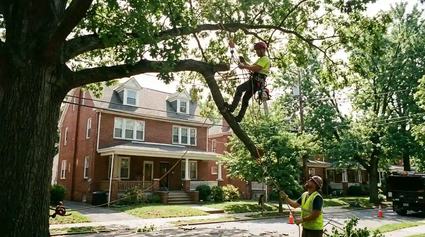 Arborist lowering an oak limb over brick twin homes in Philadelphia