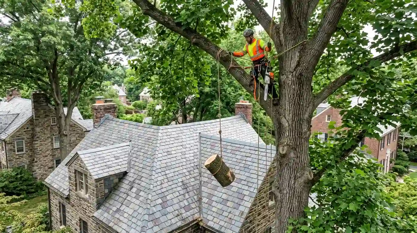 Climber near the top of a towering tulip poplar lowering a section above a slate roof