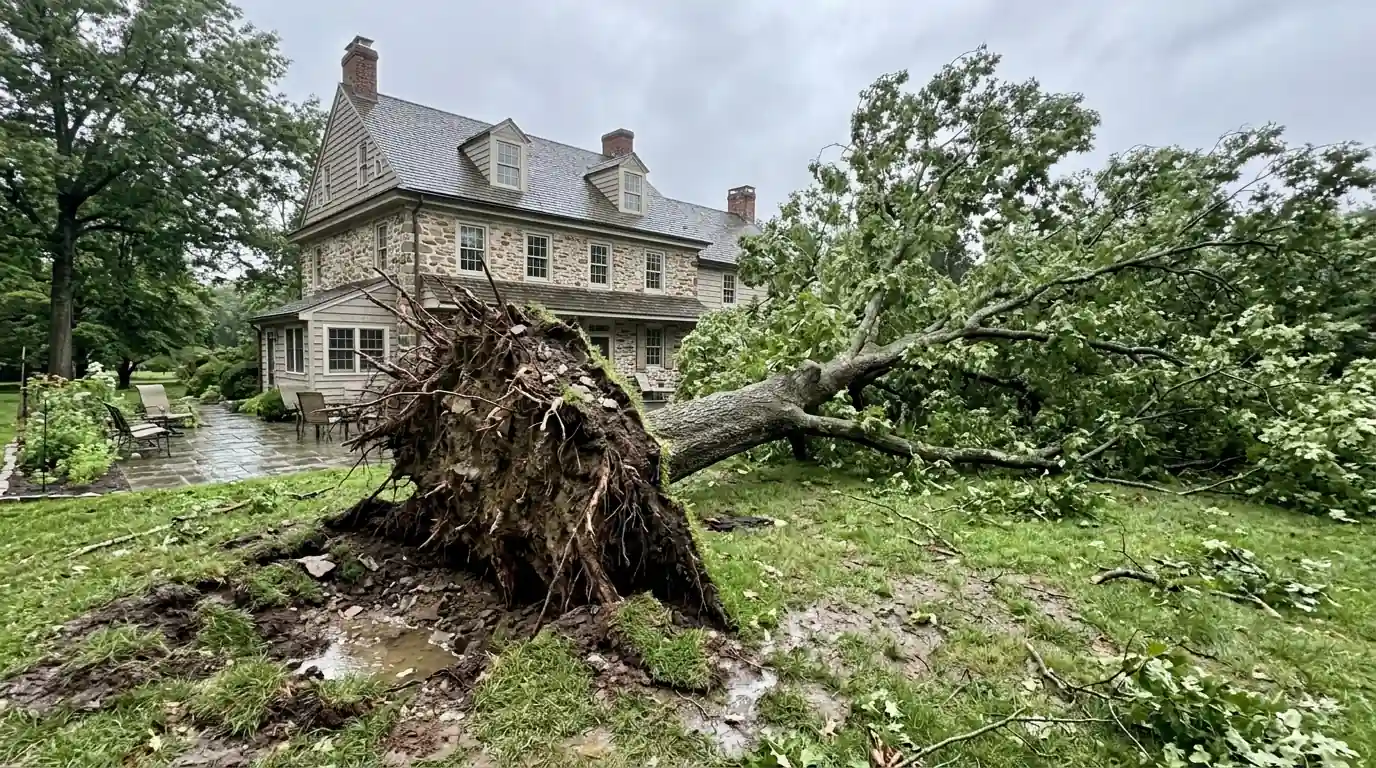 Uprooted tree with its root plate raised out of a lawn behind a colonial house