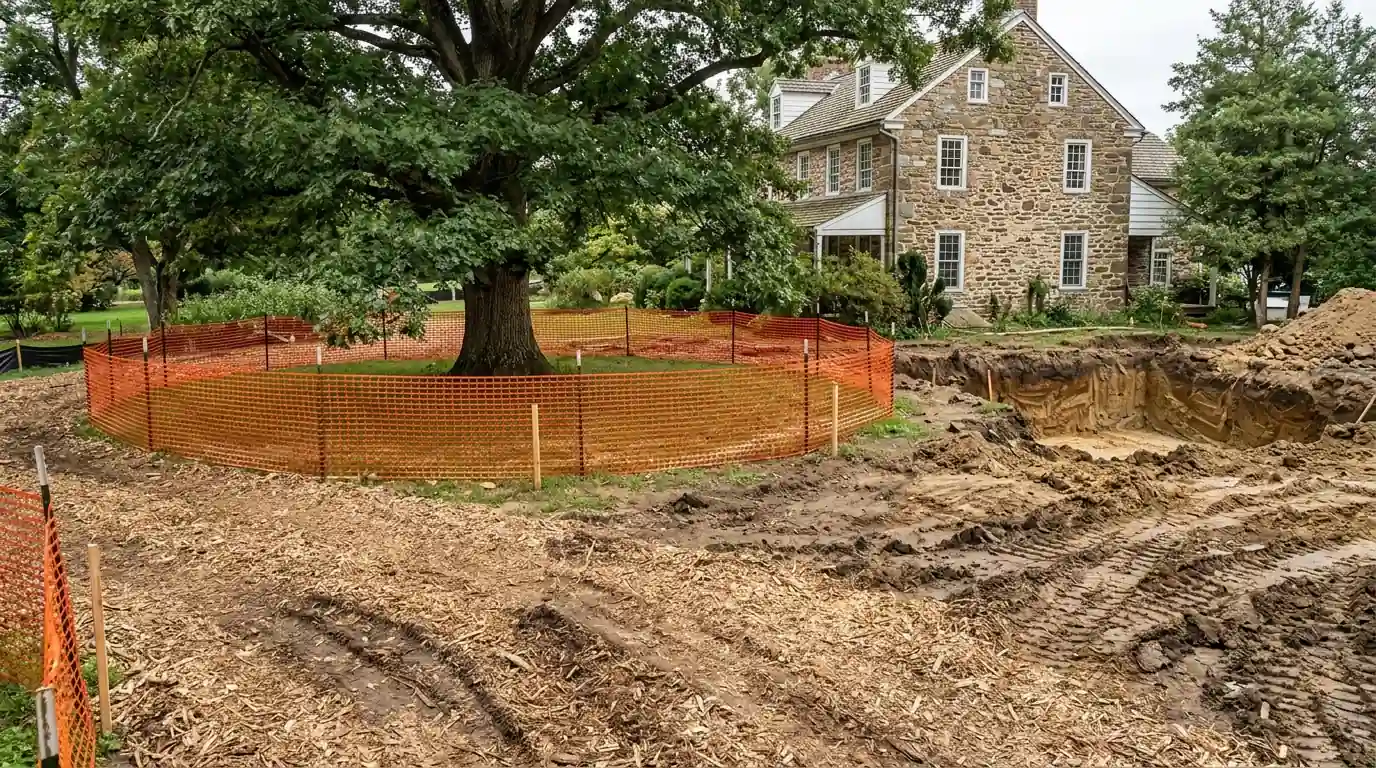 Orange fencing circling a mature oak next to a foundation dig