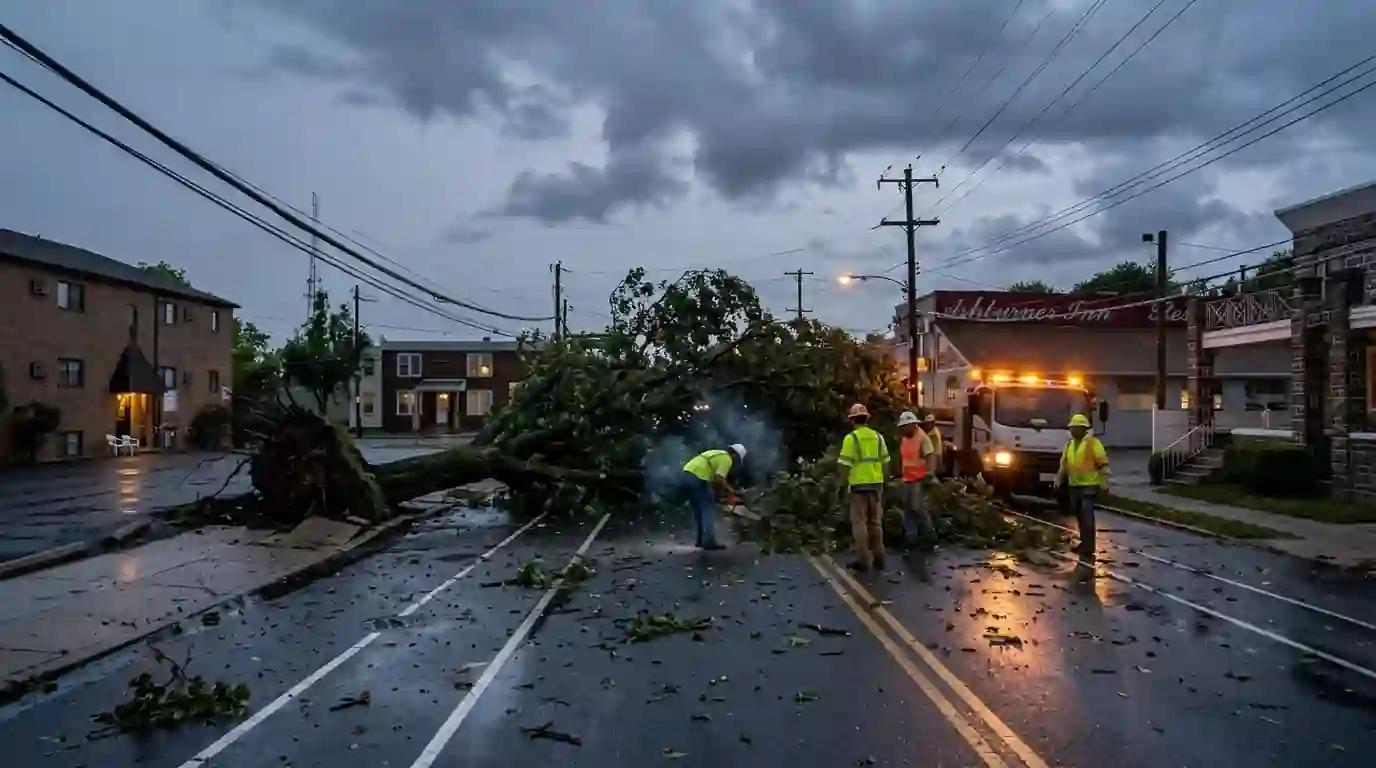 Crew starting to cut an uprooted tree lying across a Holmesburg street