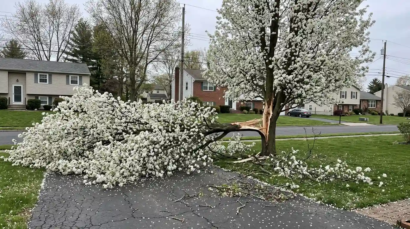 Bradford pear split in half with flowering limbs lying across a driveway