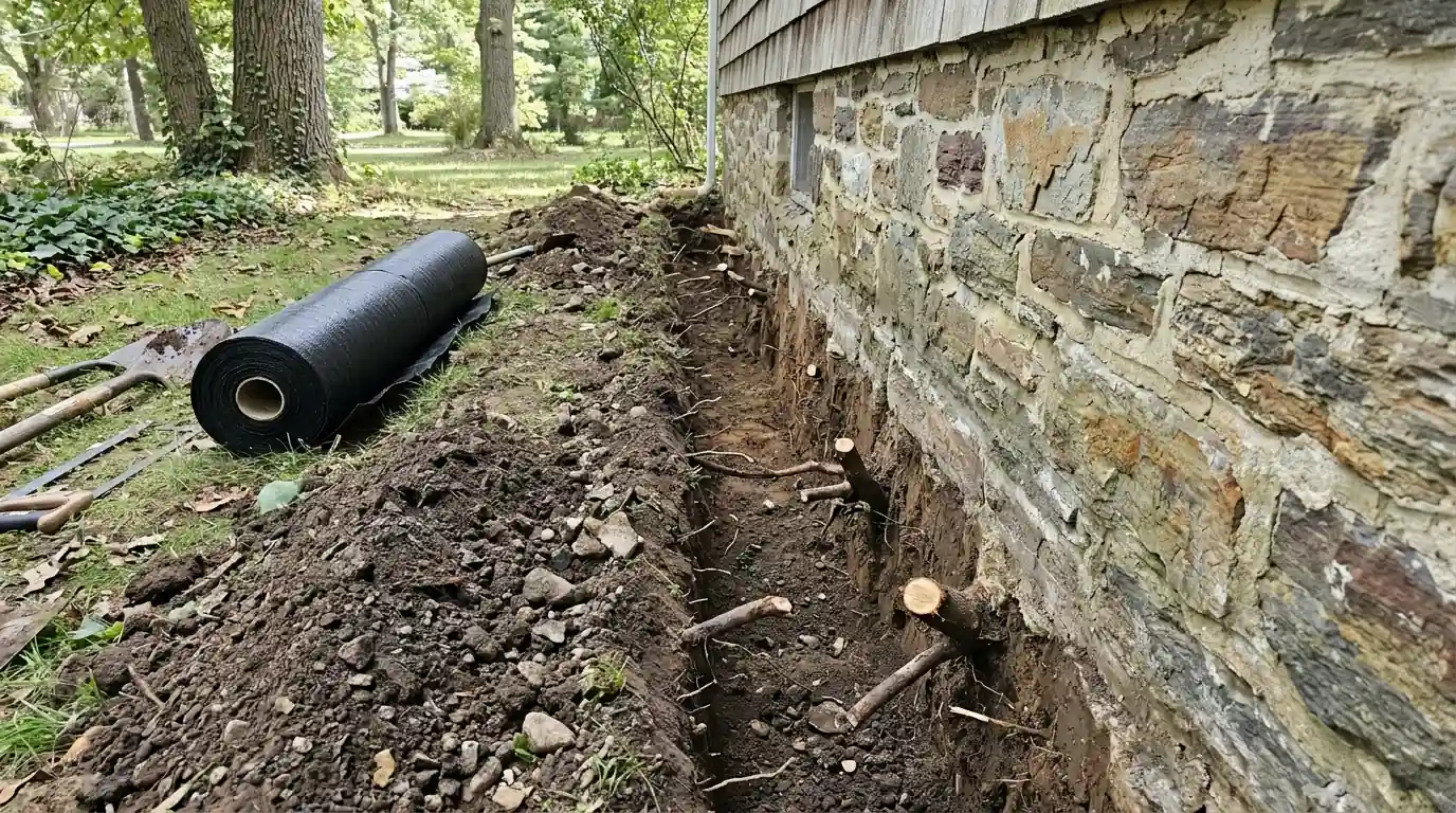 Hand-dug trench along a stone foundation with cleanly cut roots