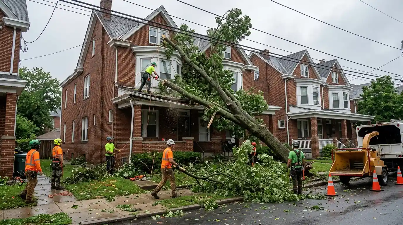 Crew cutting a storm-felled tree off the roof of a brick twin home