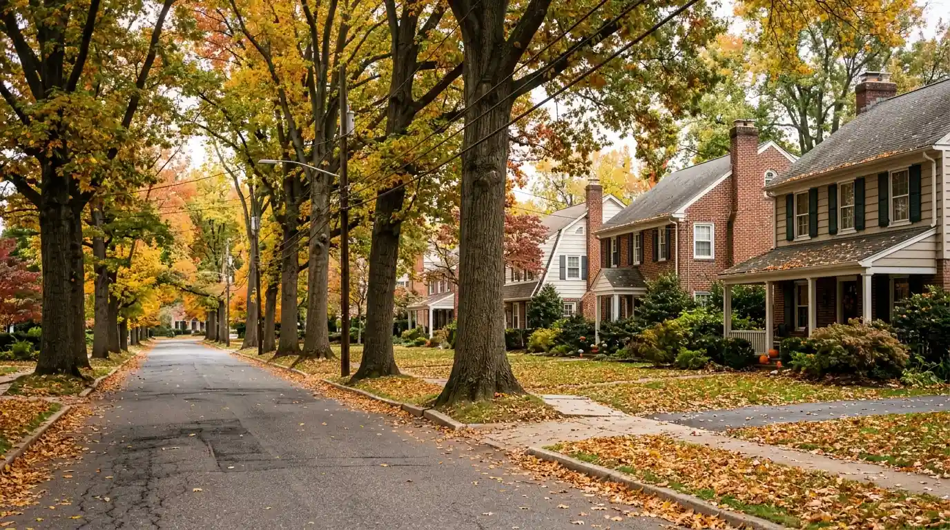 Large street trees in the grass curb strip along a quiet Moorestown residential street