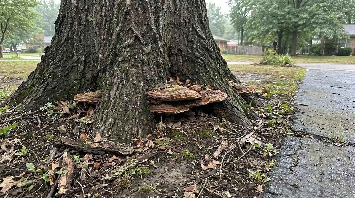 Shelf fungus conks at the base of a mature oak beside a driveway