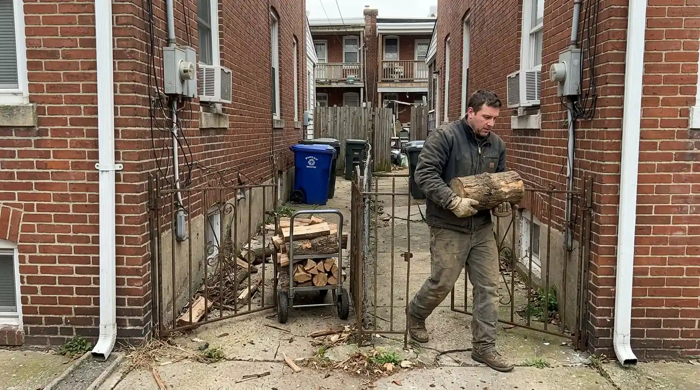 Worker carrying a short log through a narrow side gate between brick twin houses