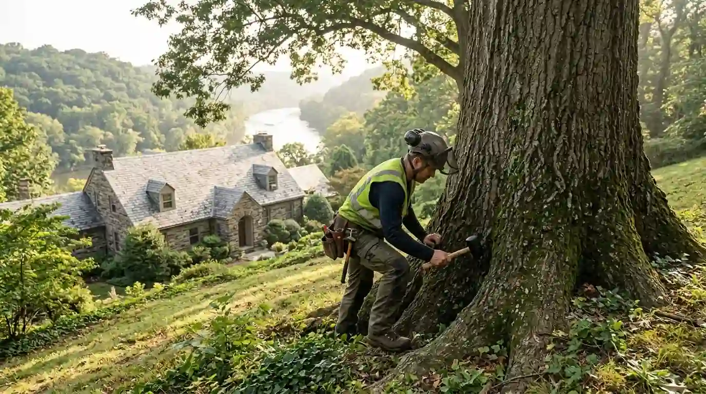 Arborist inspecting the base of a tall tree on a sloping lawn above a stone house