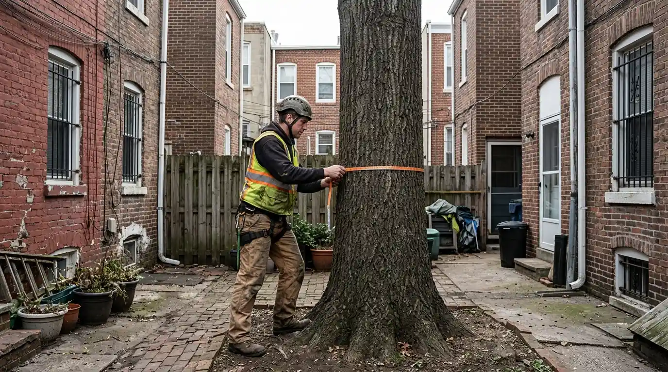 Arborist measuring a pin oak trunk in a walled rowhome backyard