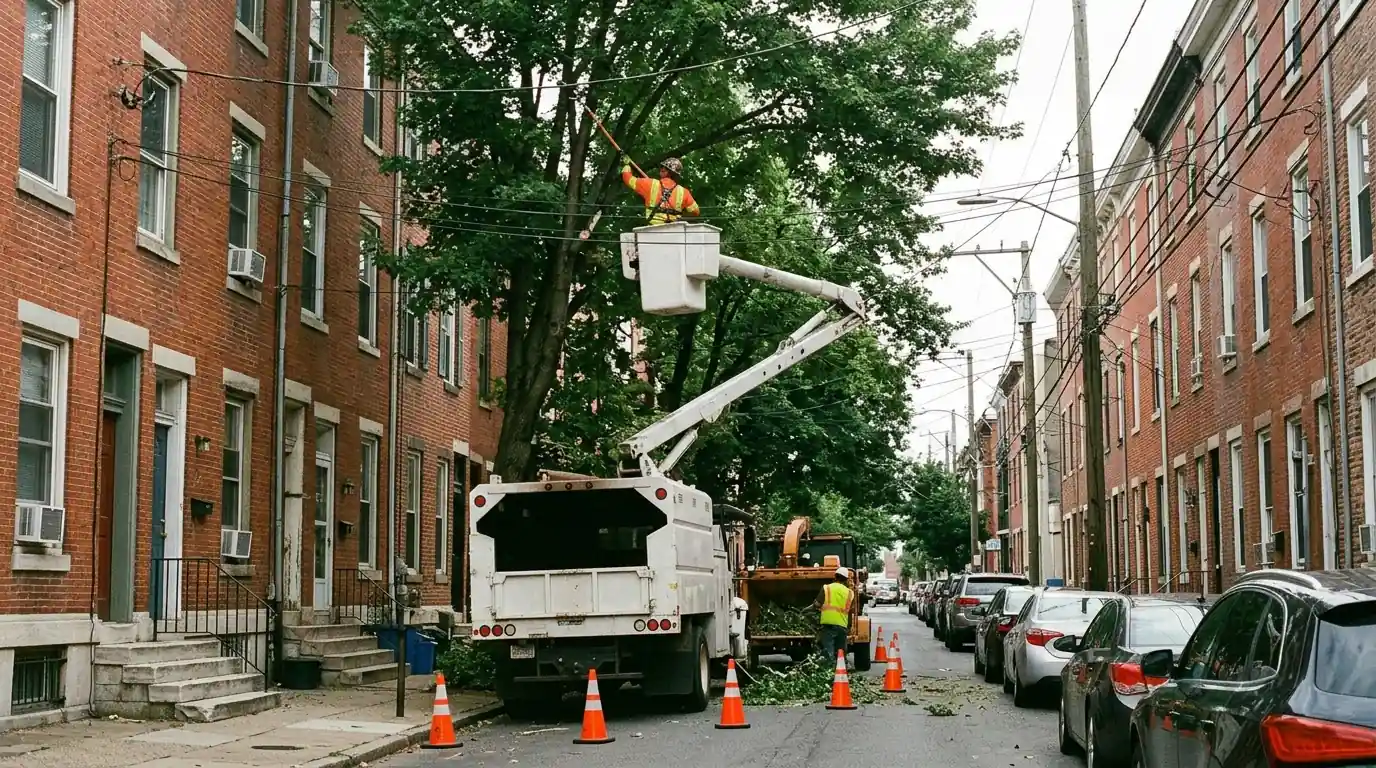 Tree worker in a bucket lift pruning a sidewalk tree over a narrow street