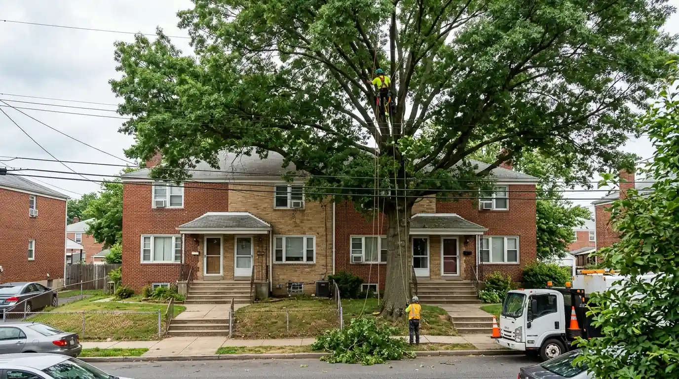 Climber pruning a mature tree spreading over both roofs of a Rhawnhurst twin