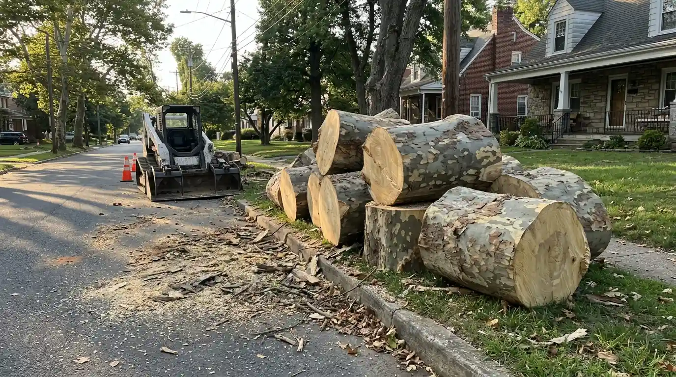 Huge London plane trunk cut into heavy rounds stacked beside a curb