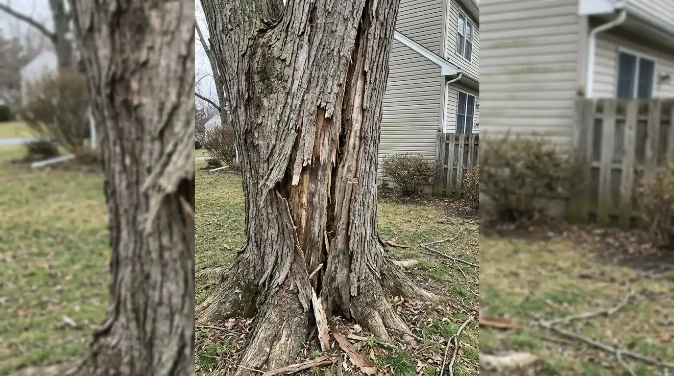 Long vertical crack running down the trunk of a large silver maple