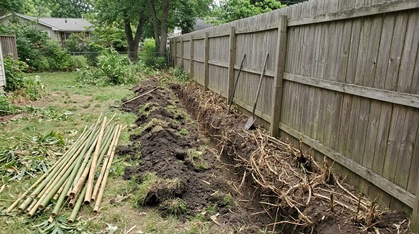 Trench exposing a dense bamboo rhizome mat along a wooden fence
