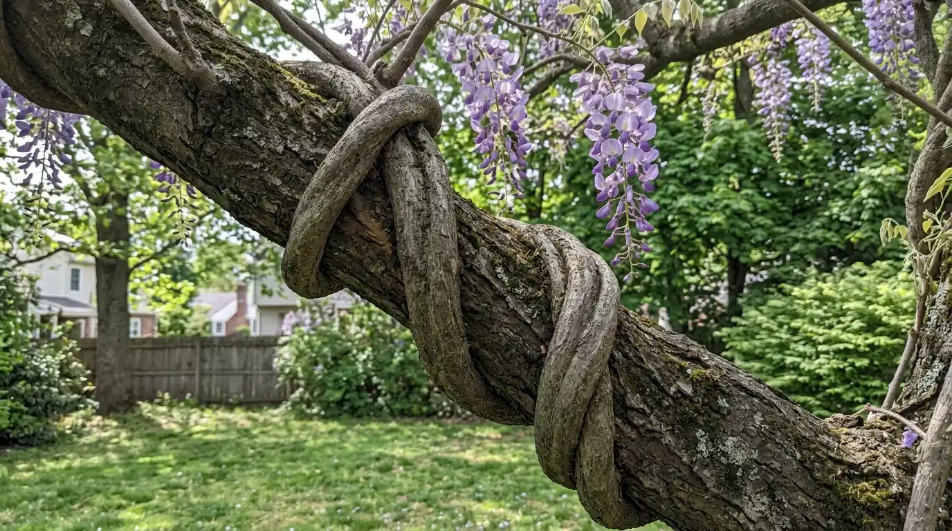 Thick wisteria vine coiled around a branch and cutting into the bark