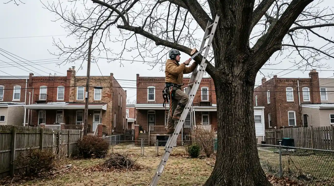 Arborist pruning a bare oak limb in a Philadelphia backyard in late winter