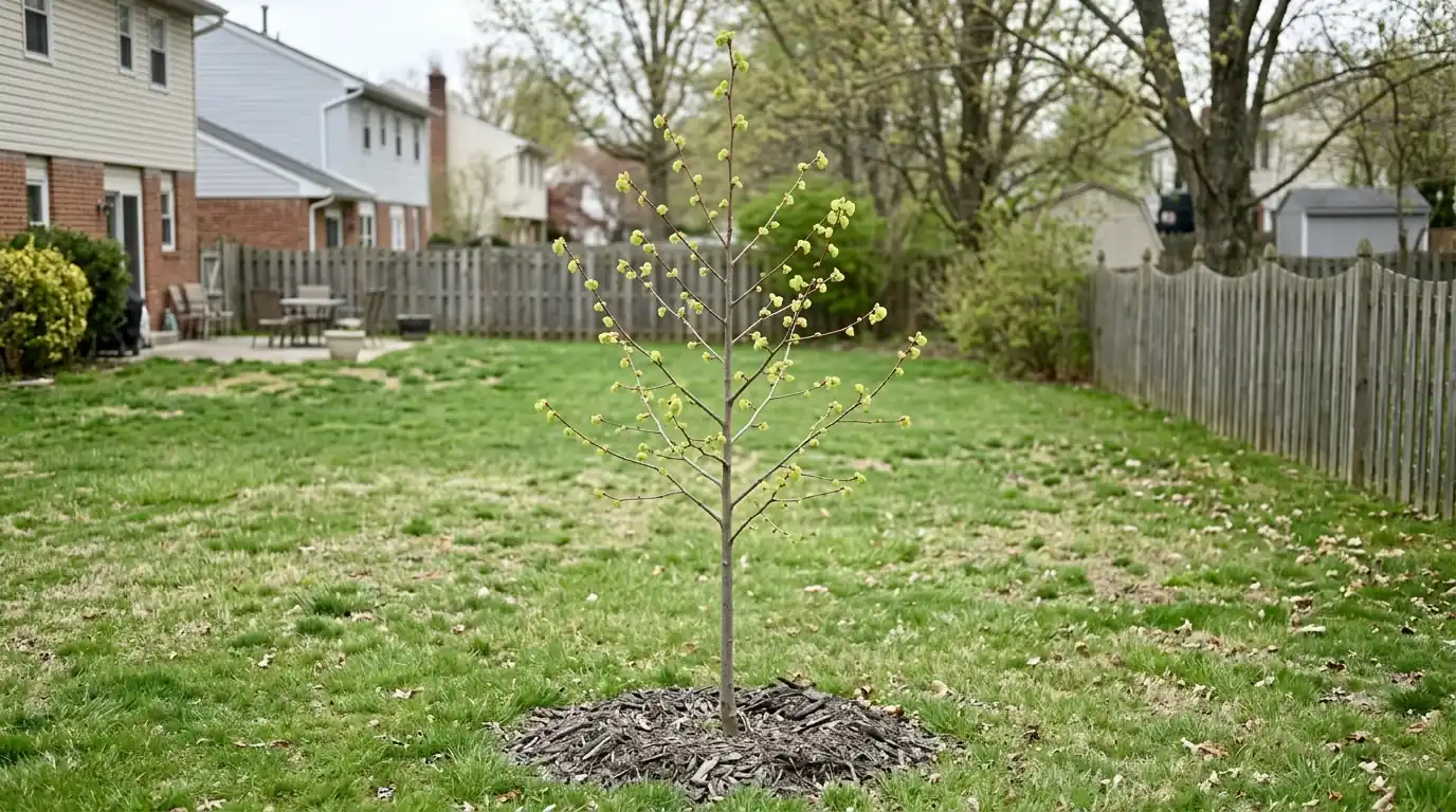 Young linden with one straight trunk and evenly spaced side branches