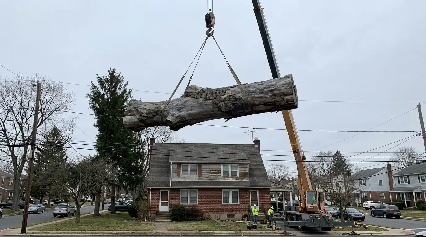Crane lifting a dead ash trunk section over the roof of a twin home