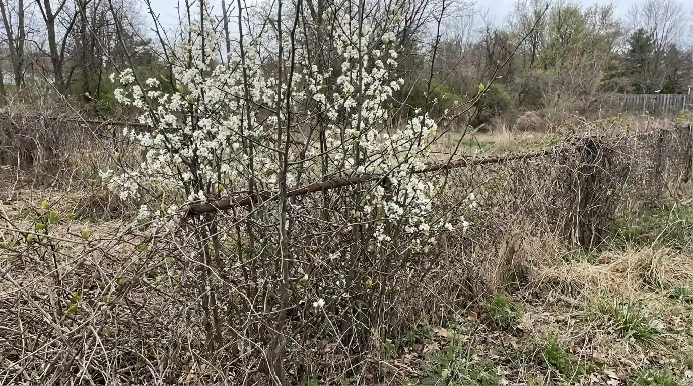 Thicket of young Callery pear saplings in bloom along a fence line