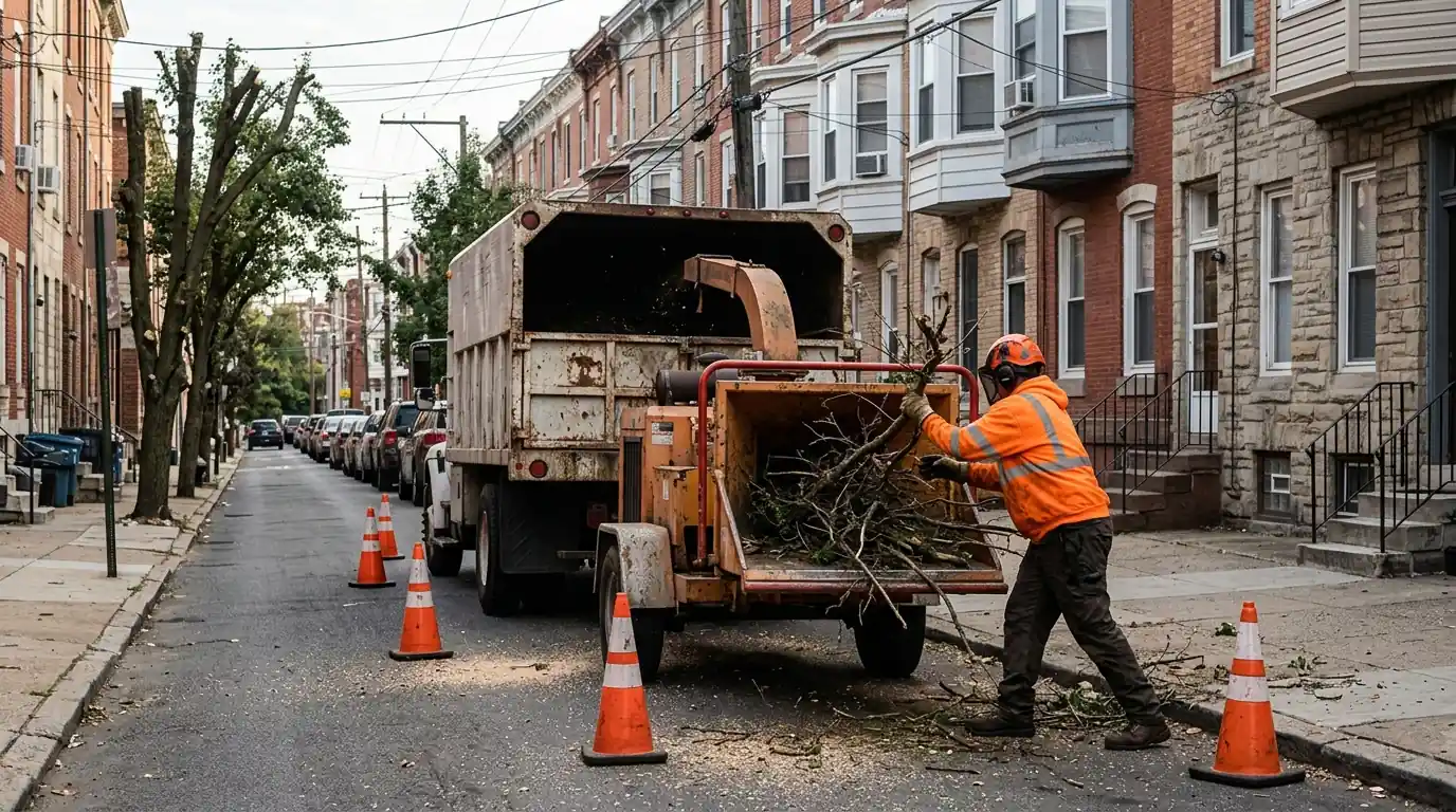 Groundworker feeding branches into a wood chipper on a narrow rowhome street