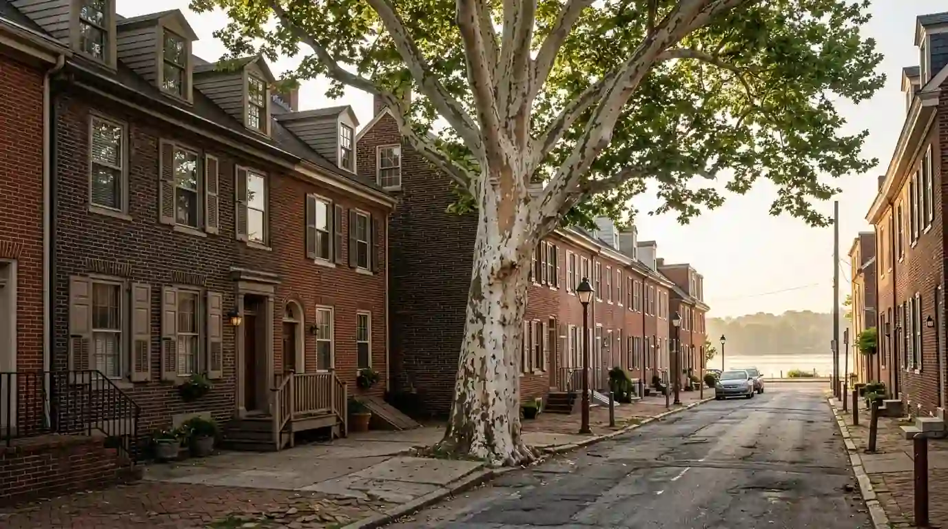 Old sycamore beside historic brick houses on a narrow Burlington City street